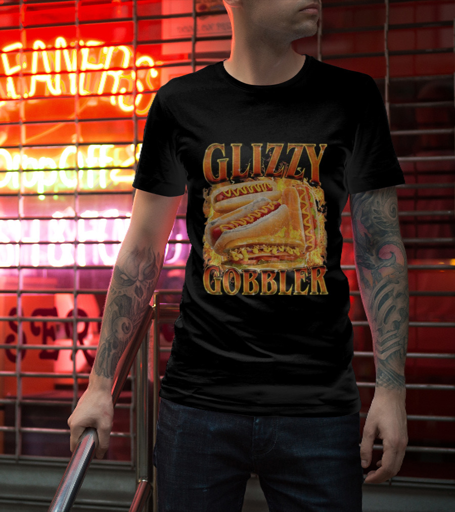 Glizzy Gobbler Faded Hot Dog Funny Meme Fire Burst T-Shirt