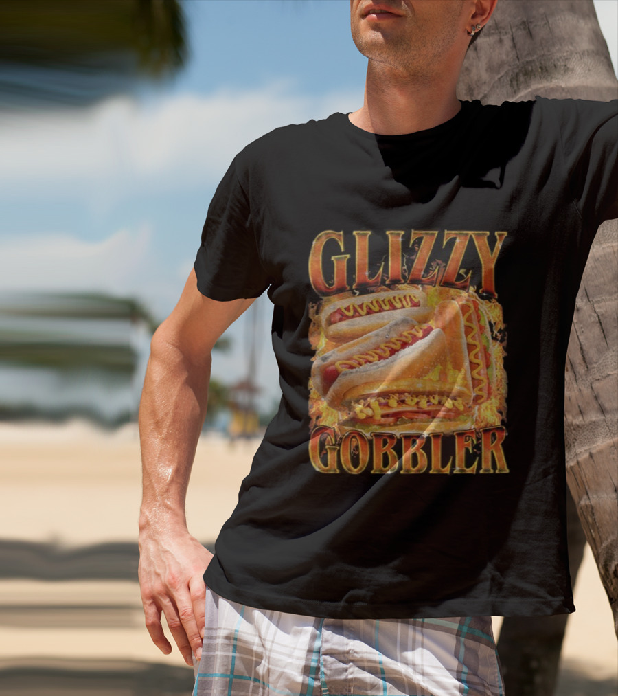 Glizzy Gobbler Faded Hot Dog Funny Meme Fire Burst T-Shirt