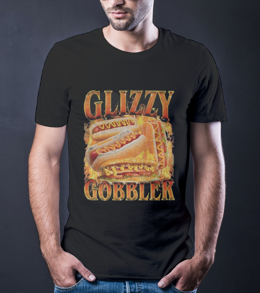 Glizzy Gobbler Faded Hot Dog Funny Meme Fire Burst T-Shirt