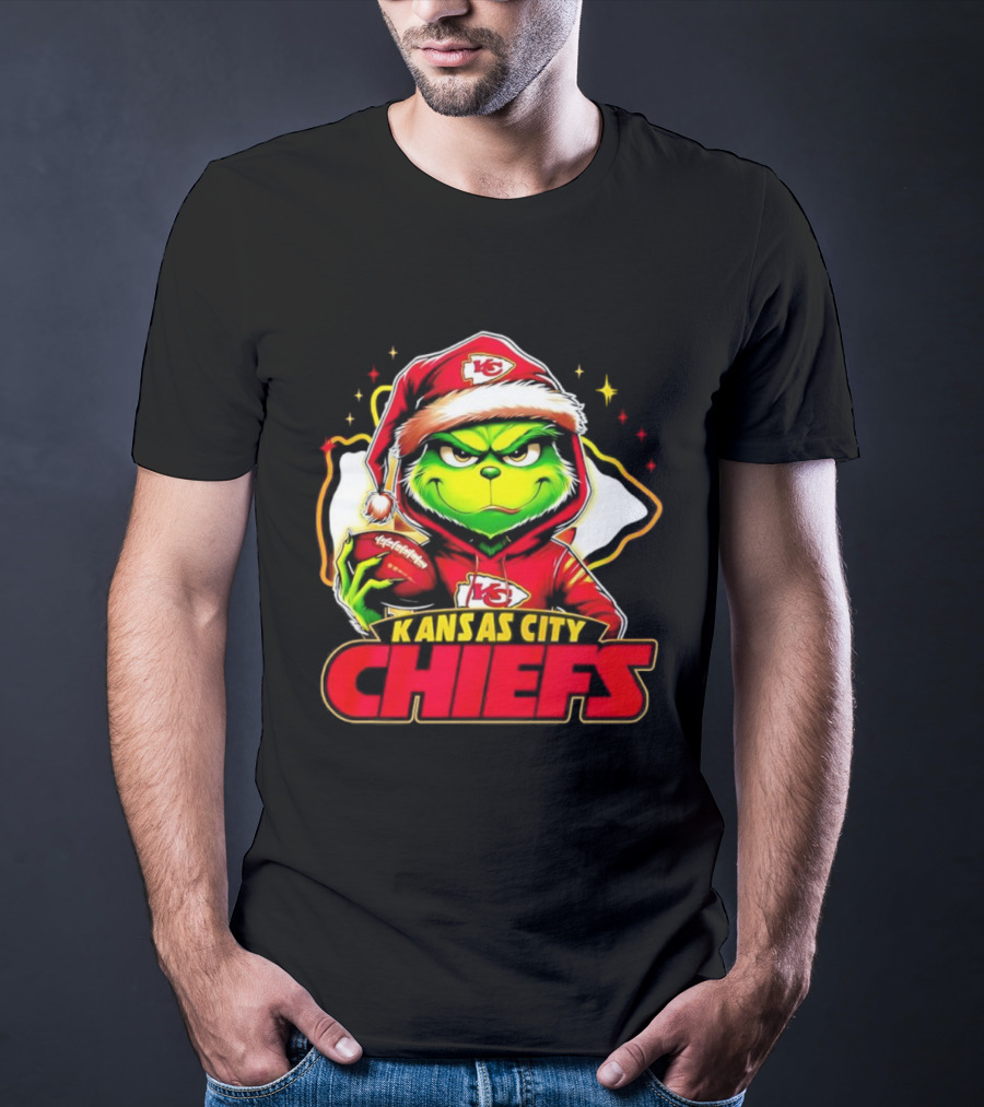 Grinch In Santa Hat Holding Football Kansas City Chiefs T-Shirt