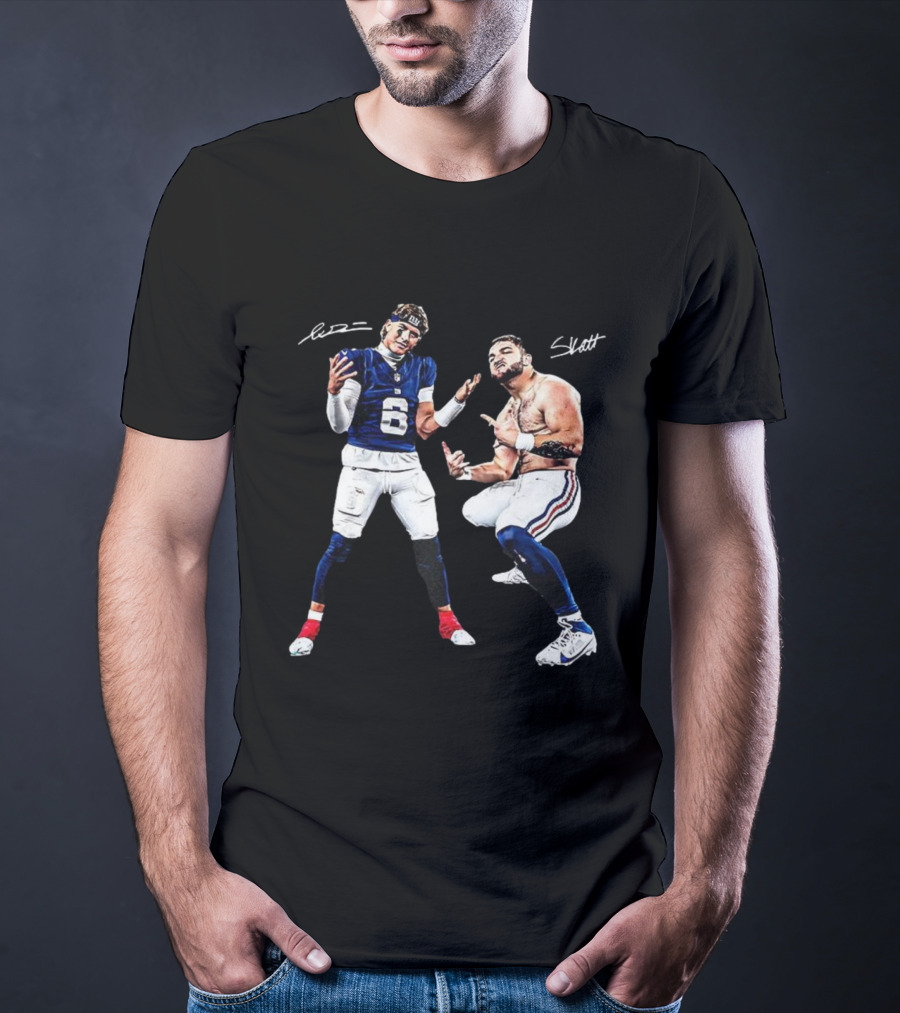 Jaxson Dart Cam Skattebo New York Giants Aura Signature Football T-Shirt