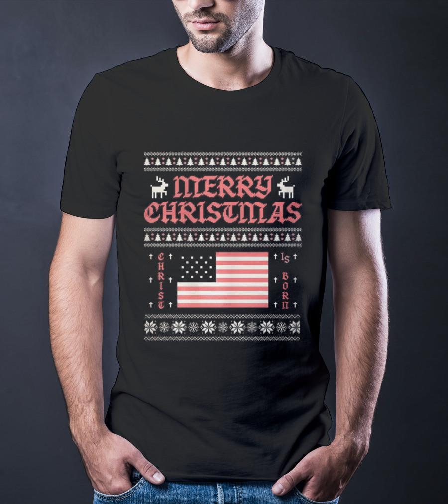 Merry Christmas 2025 Christ Is Born Ugly Pixel American Flag T-Shirt