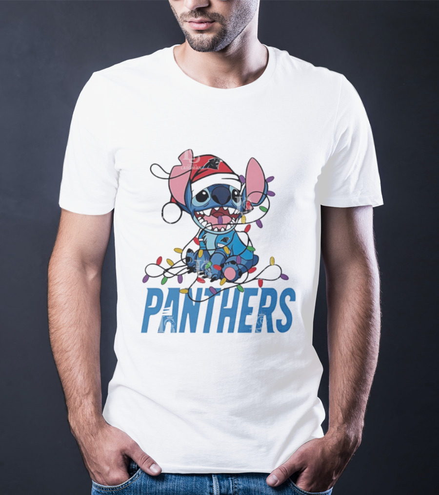 Carolina Panthers Stitch Christmas Lights Ornament T-Shirt