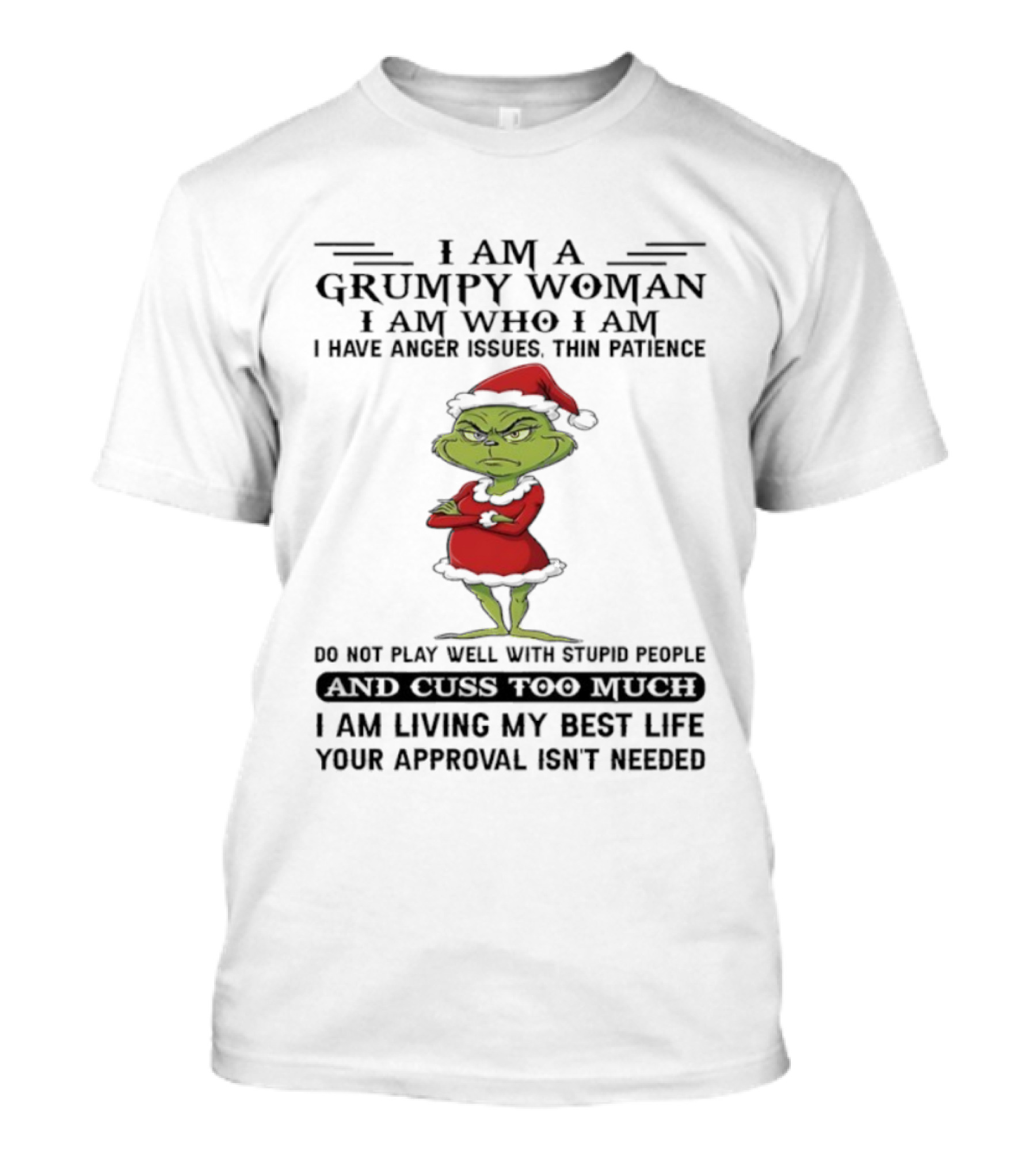 I Am A Grumpy Woman I Am Who I Am Living My Best Life Grinch Santa Suit Anger Issues Thin Patience Approval Isn't Needed T-Shirt