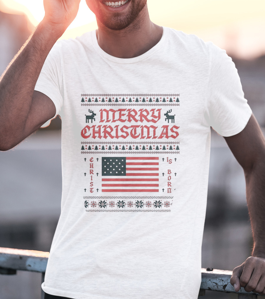 Merry Christmas 2025 American Flag Ugly Christmas Pixel Reindeer Stars Stripes T-Shirt