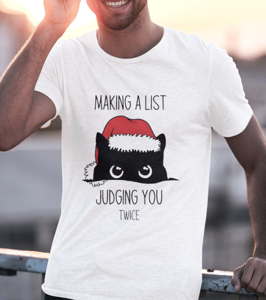Black Cat Christmas Making A List Judging You Twice Santa Hat T-Shirt