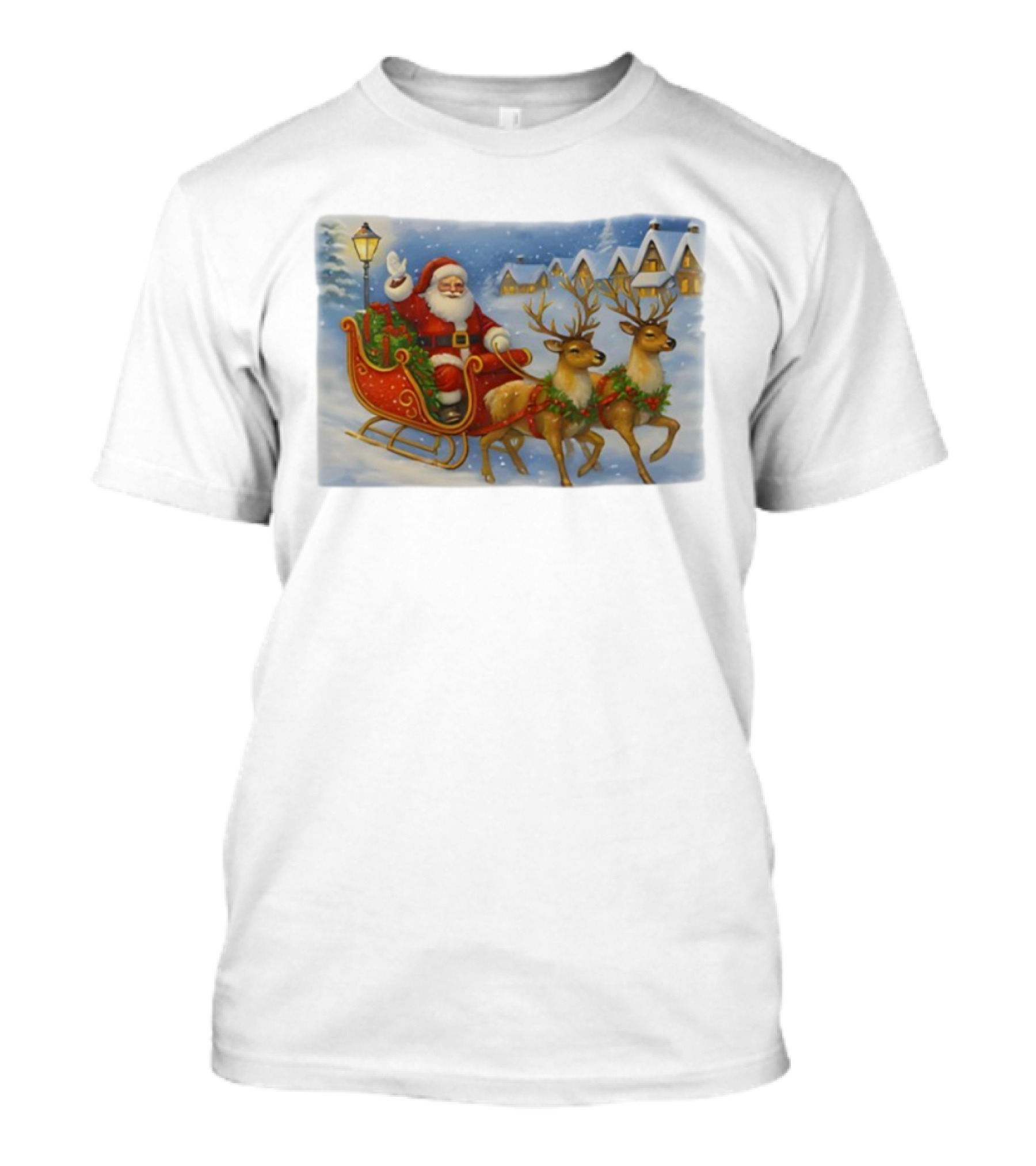 Santa Sleigh Reindeer Snowy Christmas Scene T-Shirt