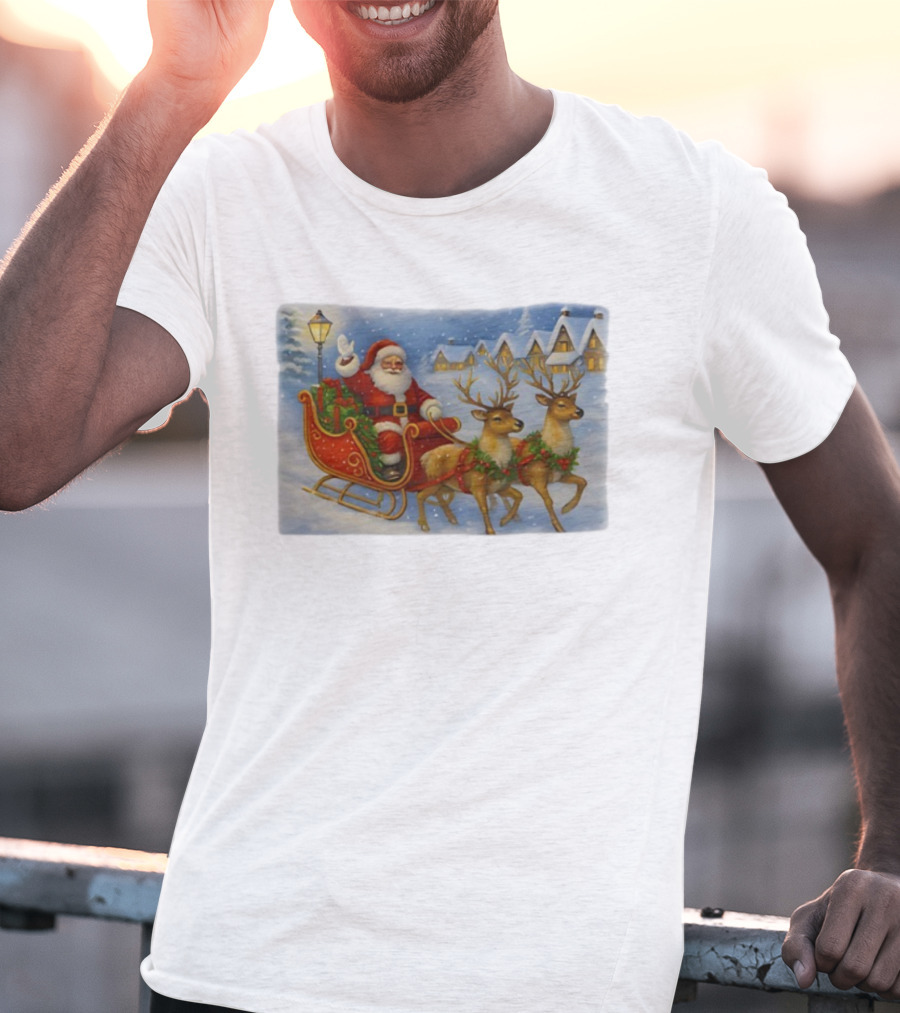 Santa Sleigh Reindeer Snowy Christmas Scene T-Shirt