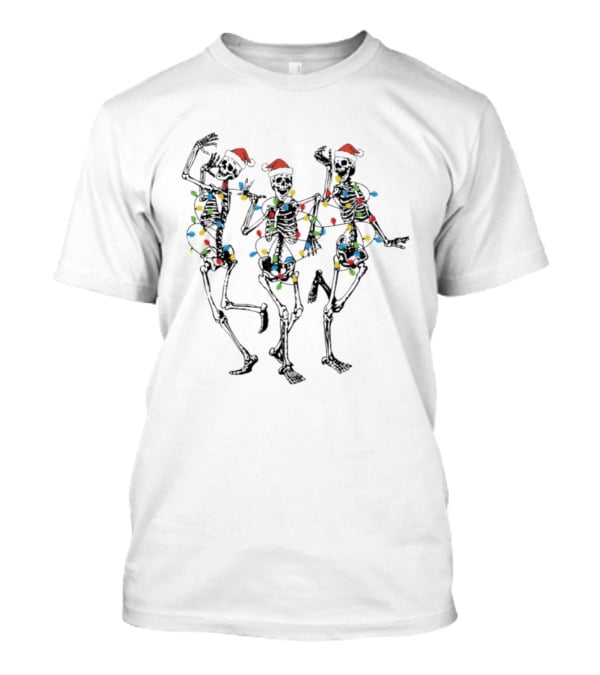 Skeletons Dancing Santa Hats Christmas Lights Holiday Fun T-Shirt