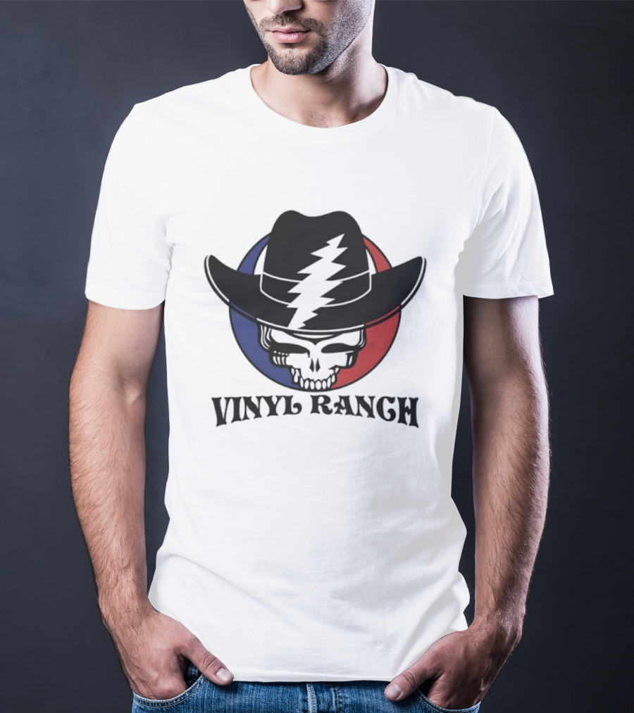 Vinyl Ranch Steal Your Face Skull Cowboy Hat Lightning Circle T-Shirt