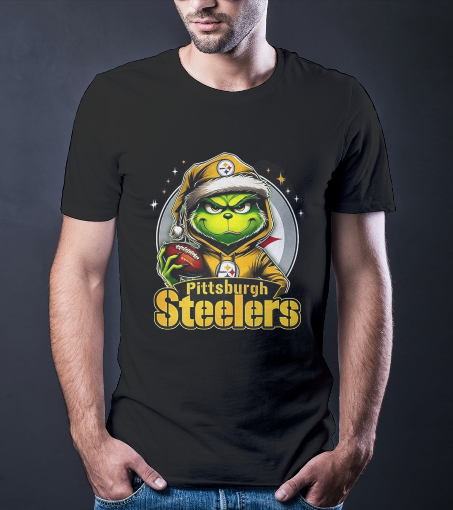Grinch Wearing Santa Hat Holding Football Pittsburgh Steelers Christmas NFL T-Shirt