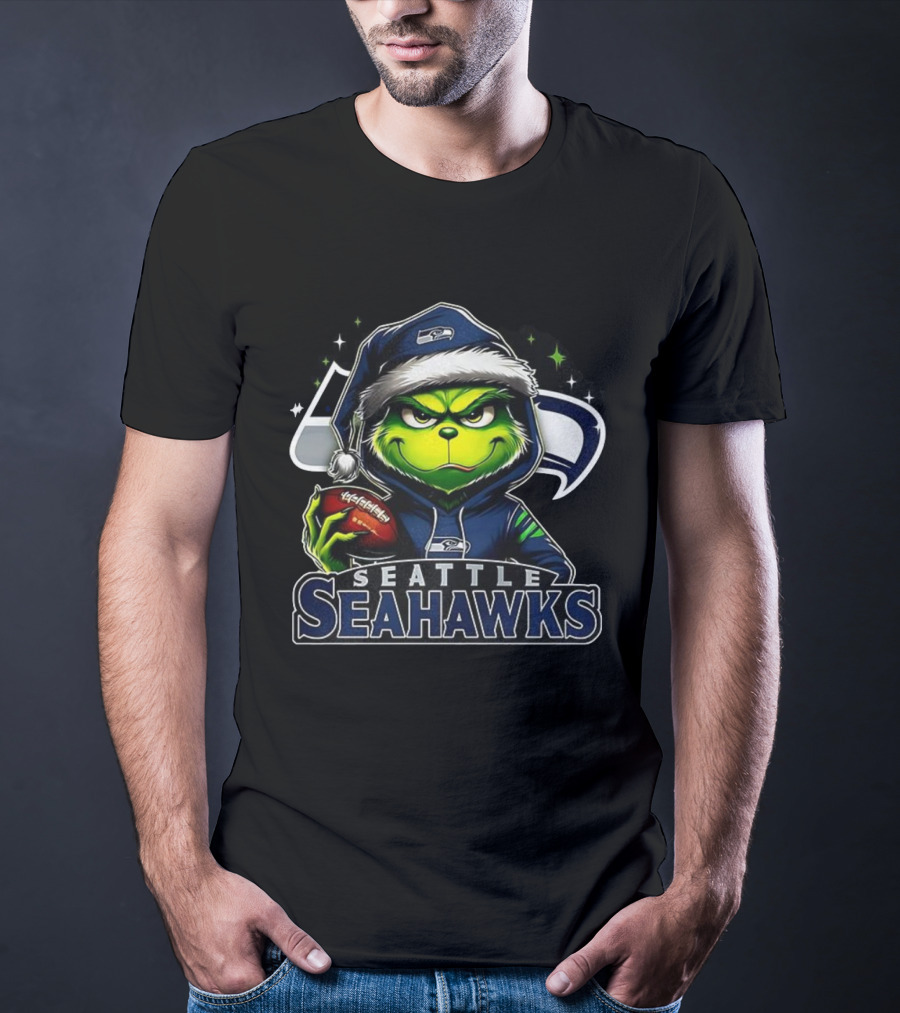 Seattle Seahawks NFL Grinch Santa Hat Christmas T-Shirt