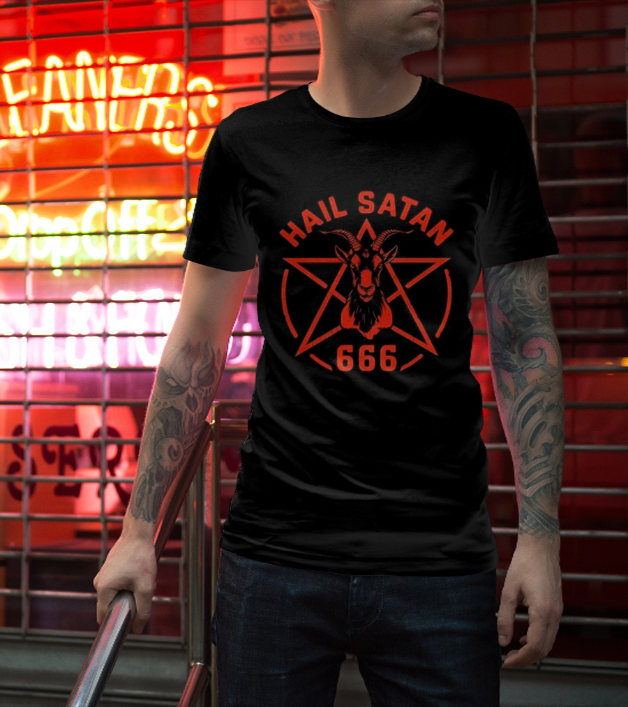 Hail Satan Goat 666 Pentagram Symbolic Occult Baphomet Emblem T-Shirt