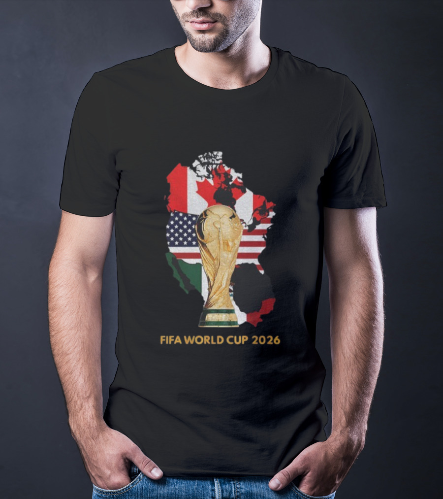 FIFA World Cup 2026 USA Canada Mexico Flags Map Trophy T-Shirt