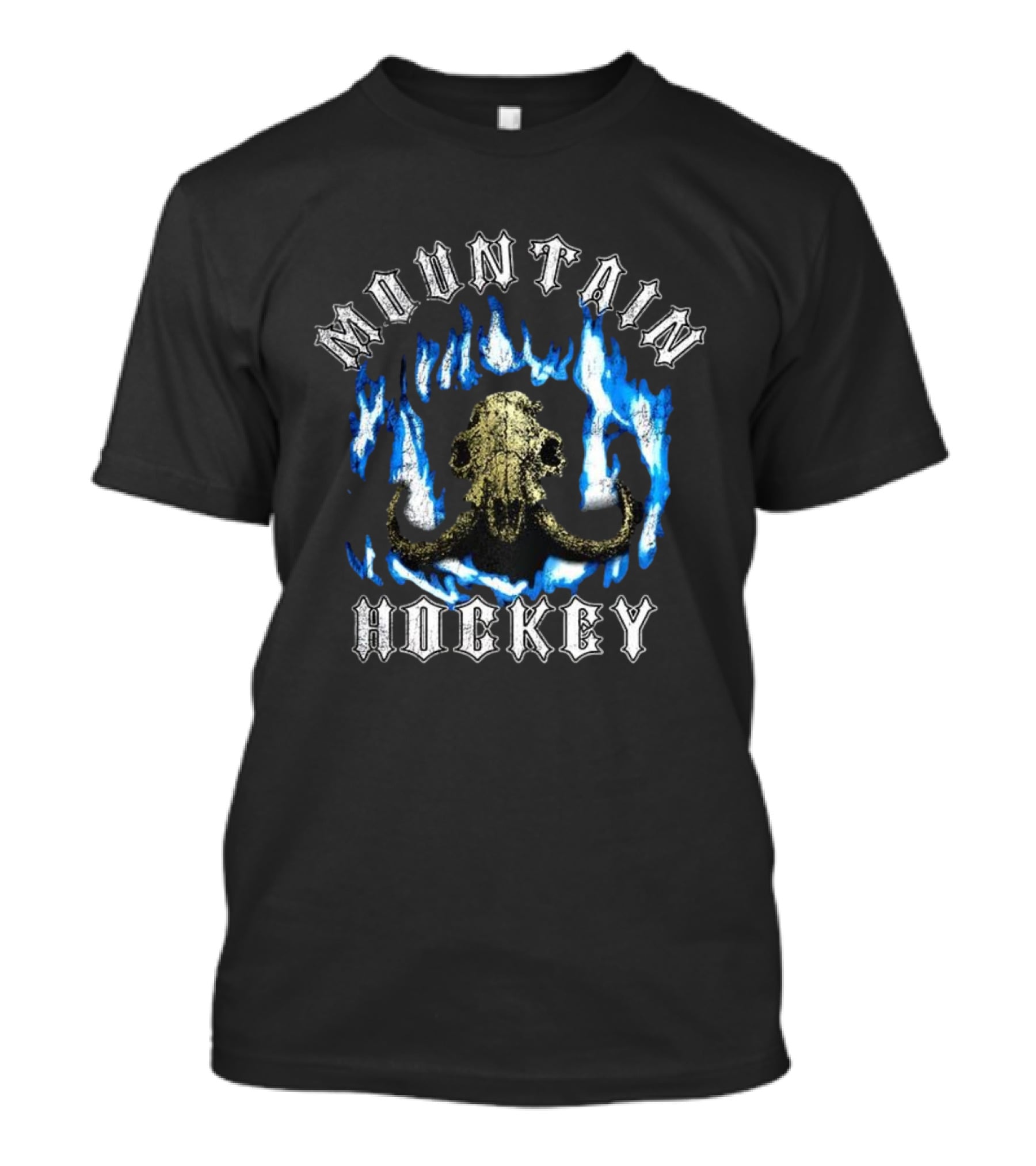 Mountain Hockey Mammoth Skull Blue Flames Design T-Shirt