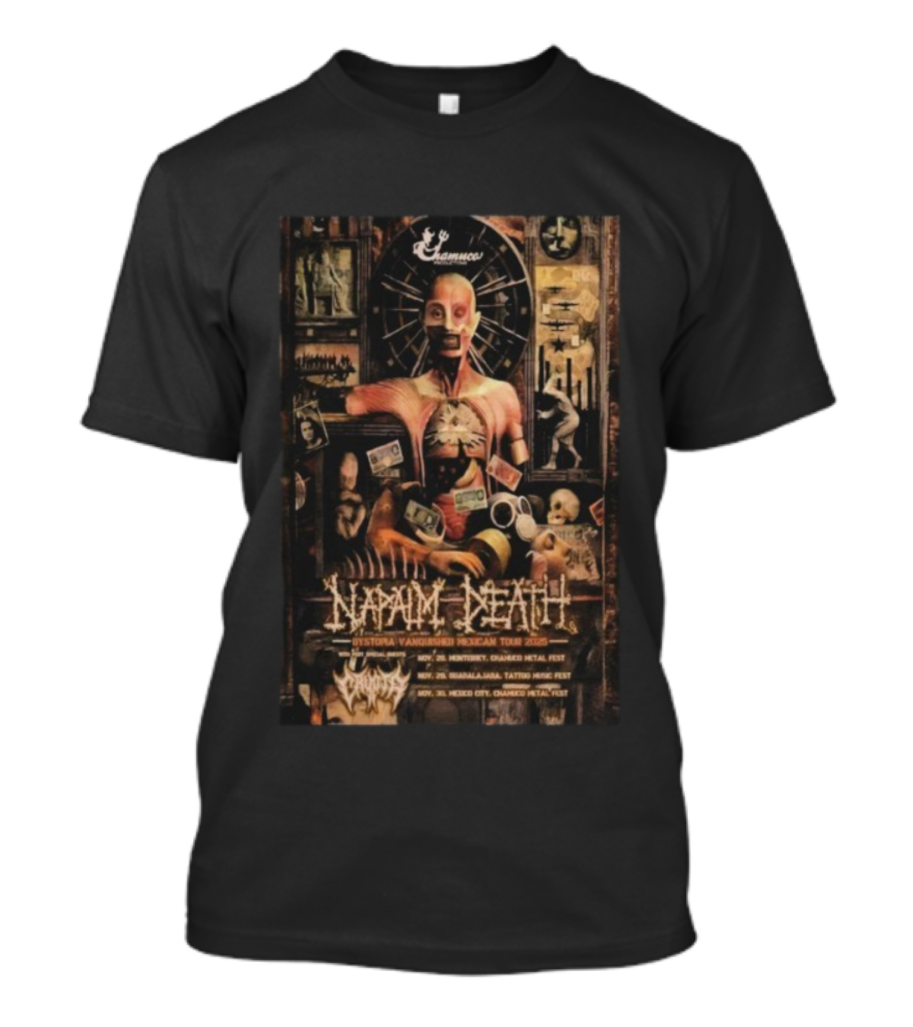 Napalm Death 2025 Dystopia Vanquished Mexican Tour Chamuco Metal Fest Artwork T-Shirt