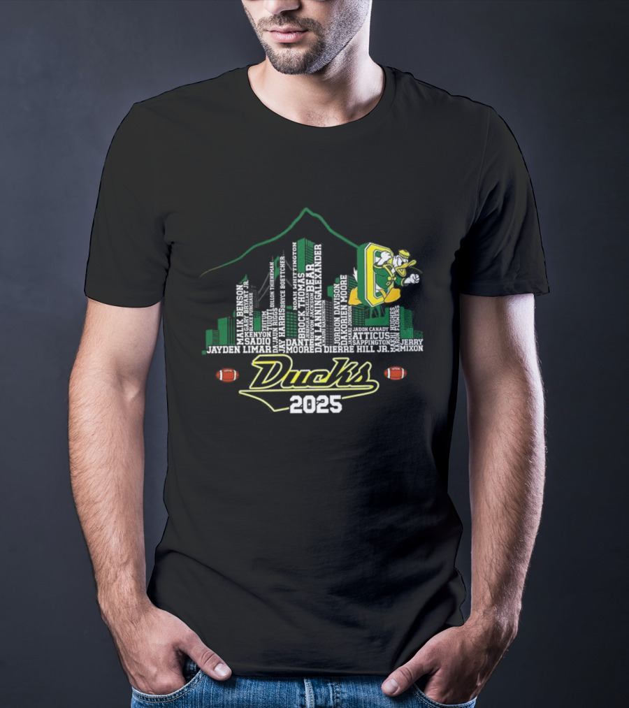 Oregon Ducks 2025 Skyline Football Player Mountain T-Shirt