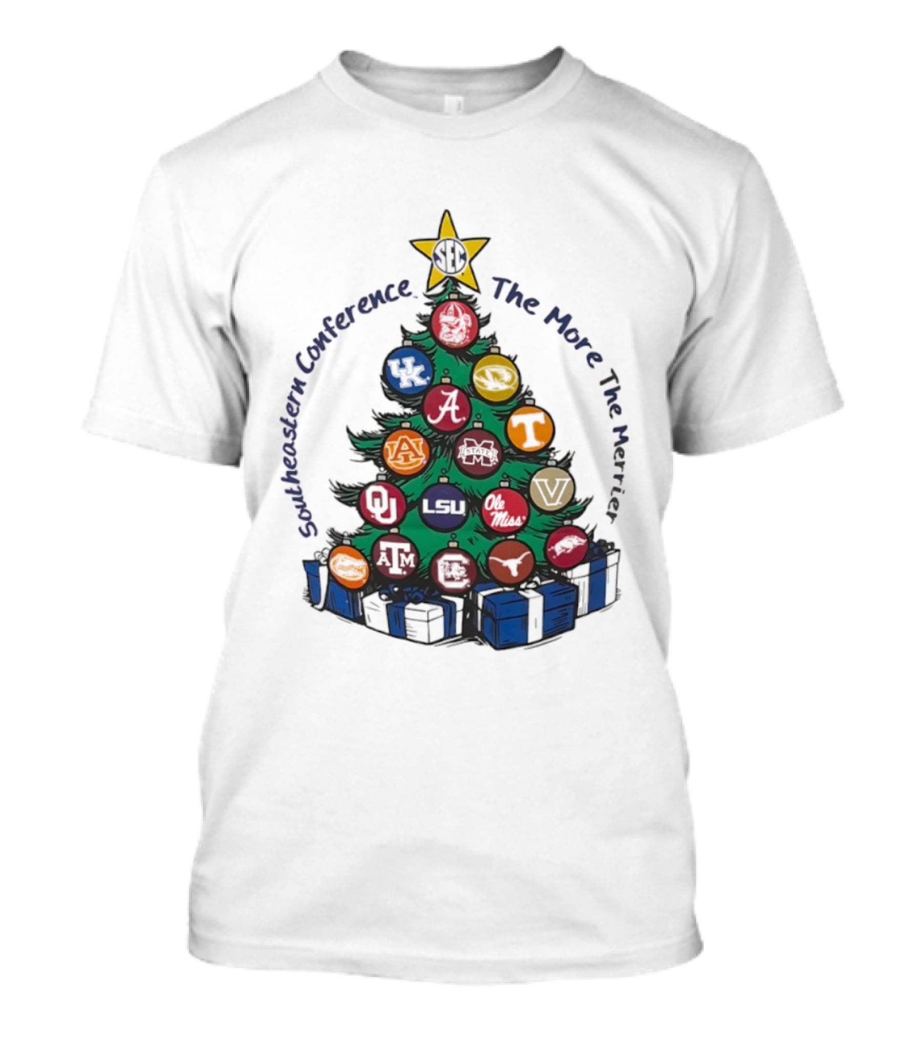SEC Southeastern Conference The More The Merrier Christmas Tree With Team Ornaments T-Shirt