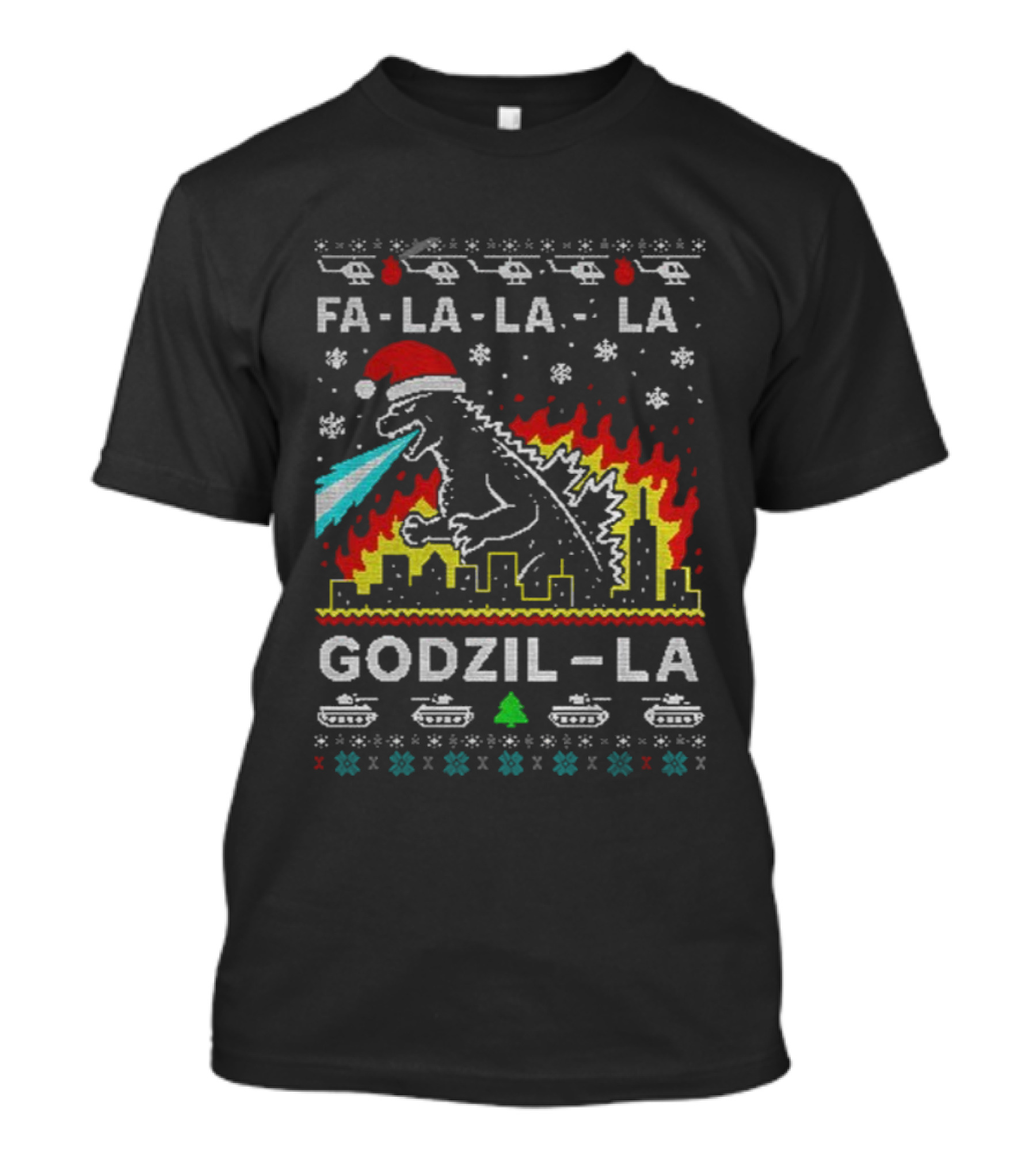 Fa La La La Godzil-La Christmas Santa Hat City Helicopters Tanks T-Shirt