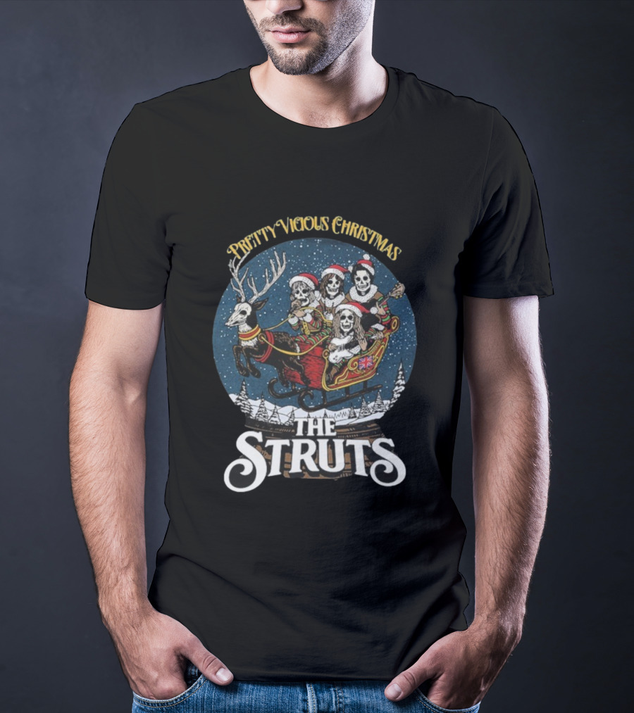 The Struts Pretty Vicious Christmas Reindeer Snow Globe Skeleton Sleigh T-Shirt