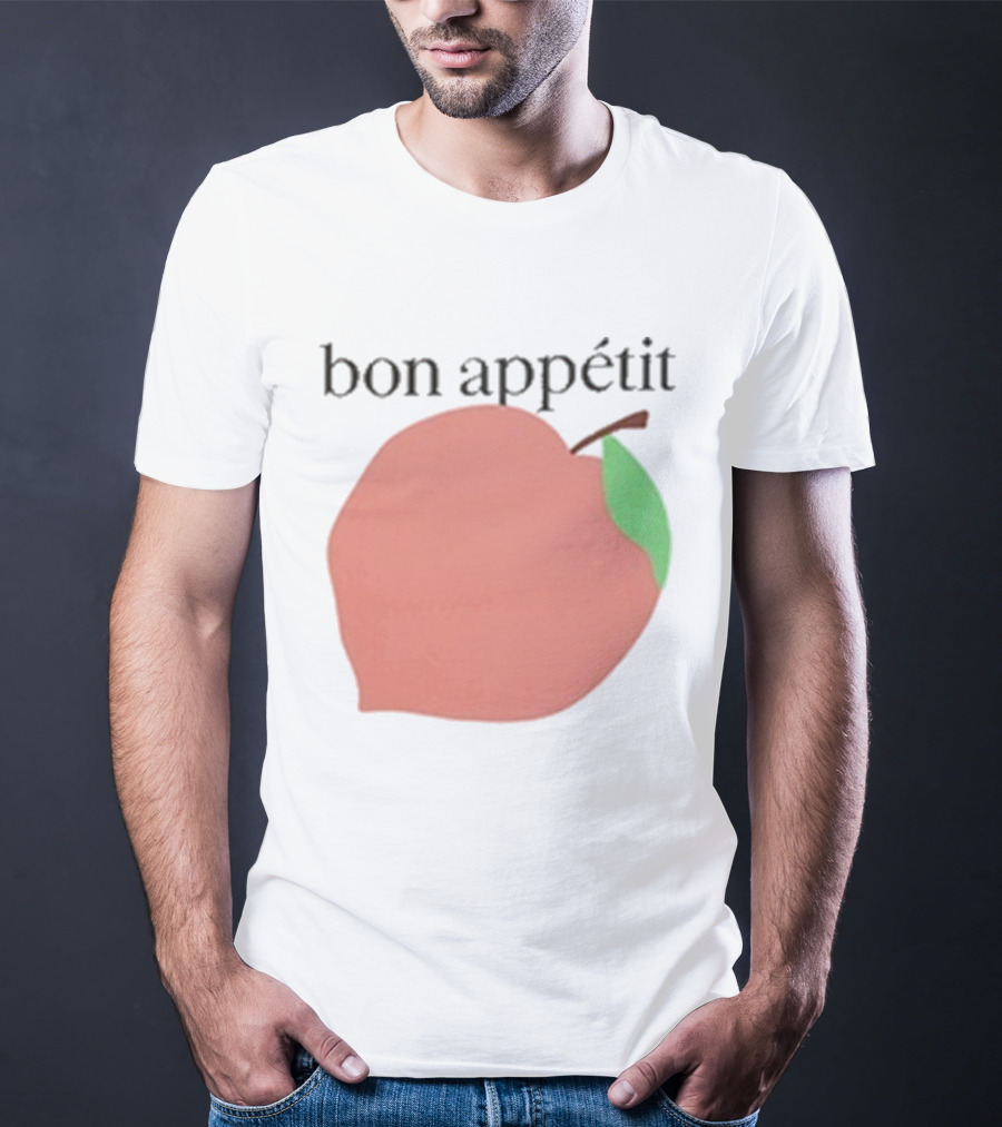 Bon Appétit Peach Illustration With Green Leaf Detail T-Shirt