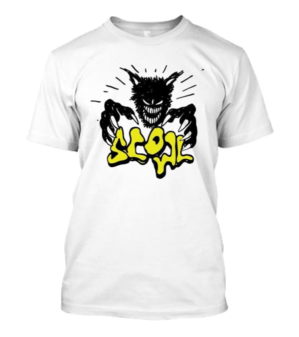 Scowl Scary Cat Yellow Text With Creepy Feline Illustration T-Shirt