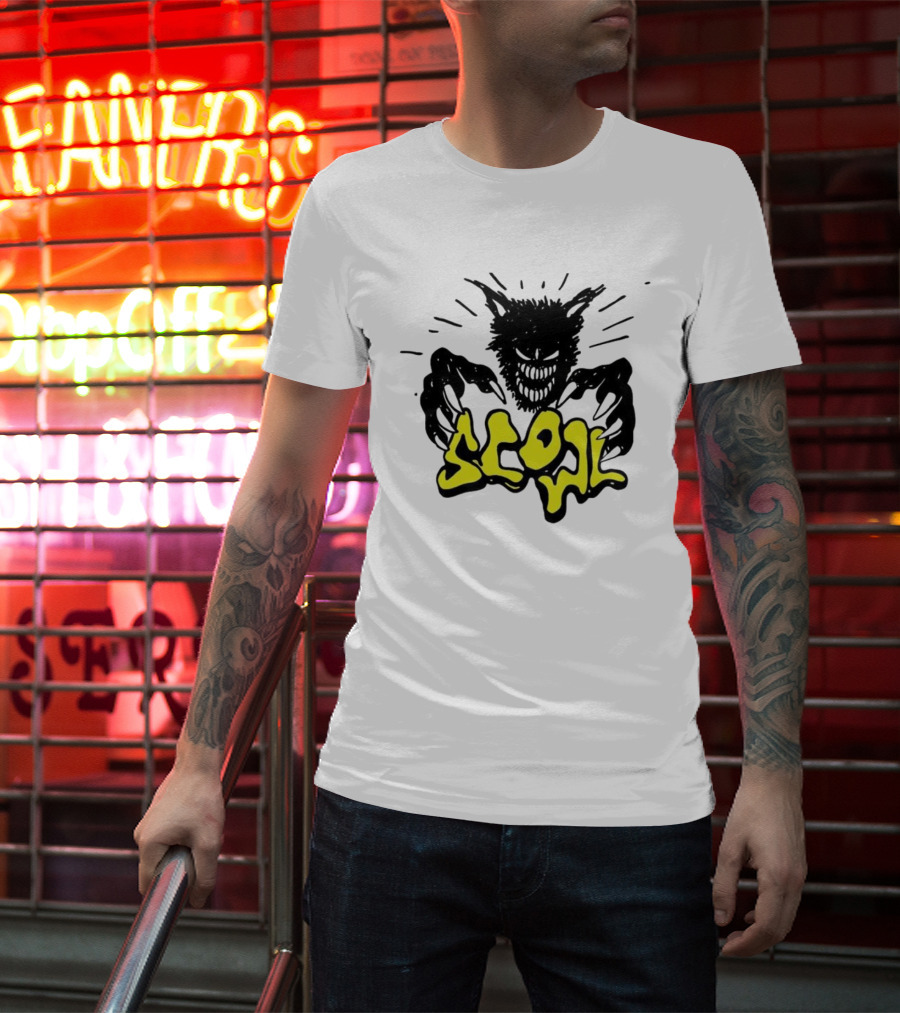 Scowl Scary Cat Yellow Text With Creepy Feline Illustration T-Shirt