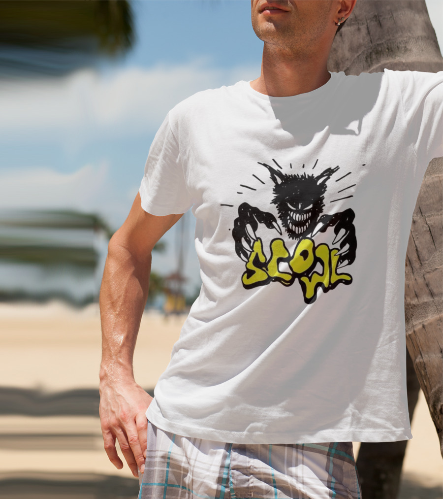 Scowl Scary Cat Yellow Text With Creepy Feline Illustration T-Shirt