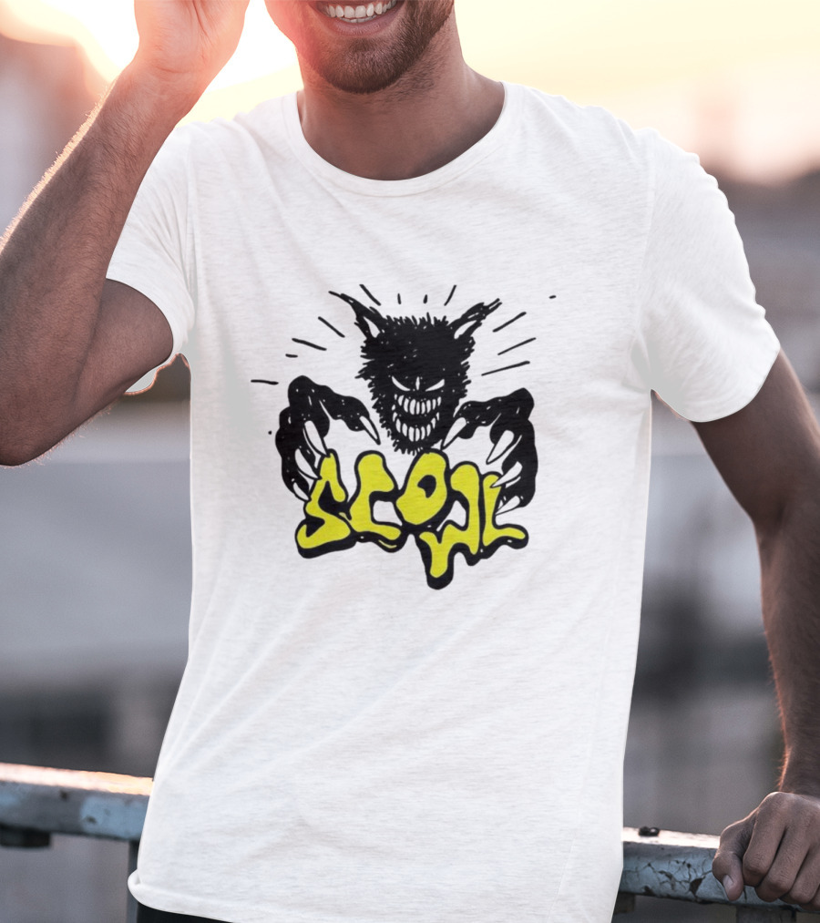 Scowl Scary Cat Yellow Text With Creepy Feline Illustration T-Shirt