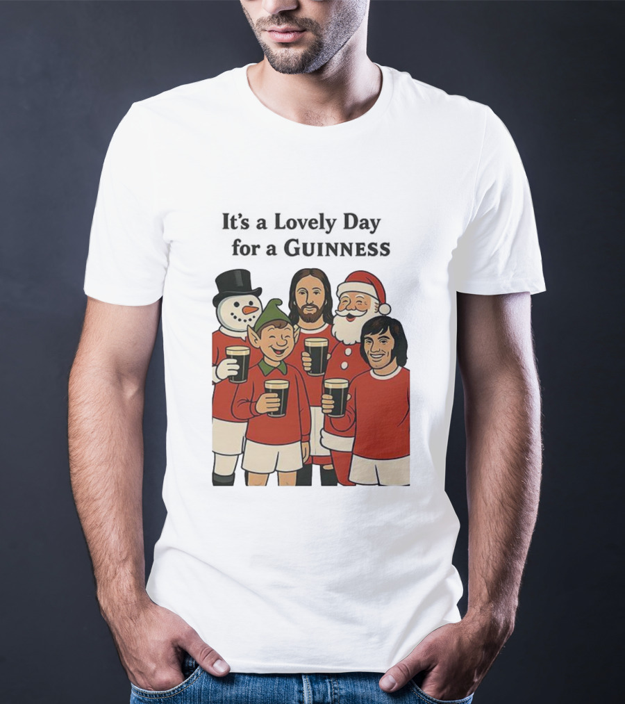 It's A Lovely Day For A Guinness Manchester United Christmas With Festive Characters T-Shirt