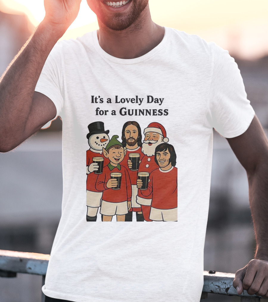 It's A Lovely Day For A Guinness Manchester United Christmas With Festive Characters T-Shirt