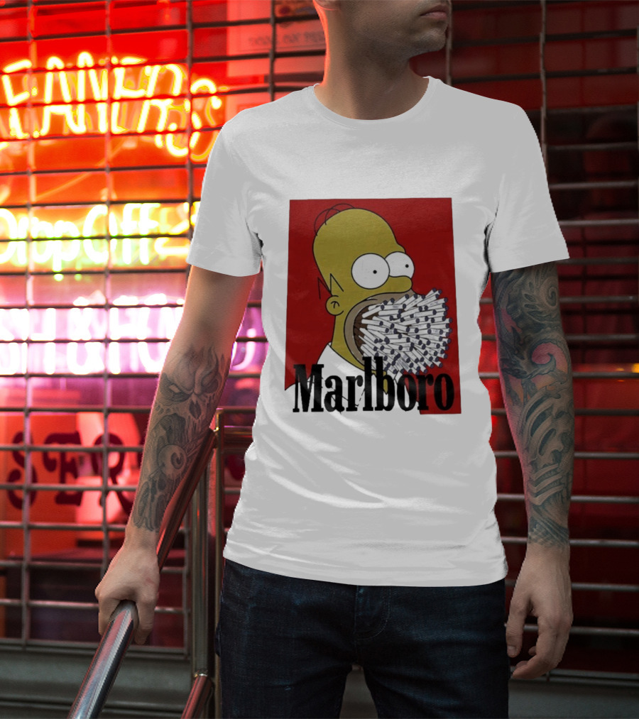 Homer Simpson Cigarette Mouth Marlboro Red Background T-Shirt
