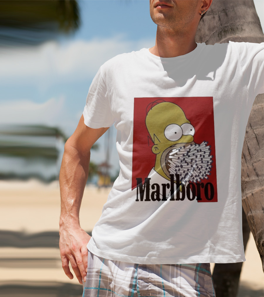 Homer Simpson Cigarette Mouth Marlboro Red Background T-Shirt