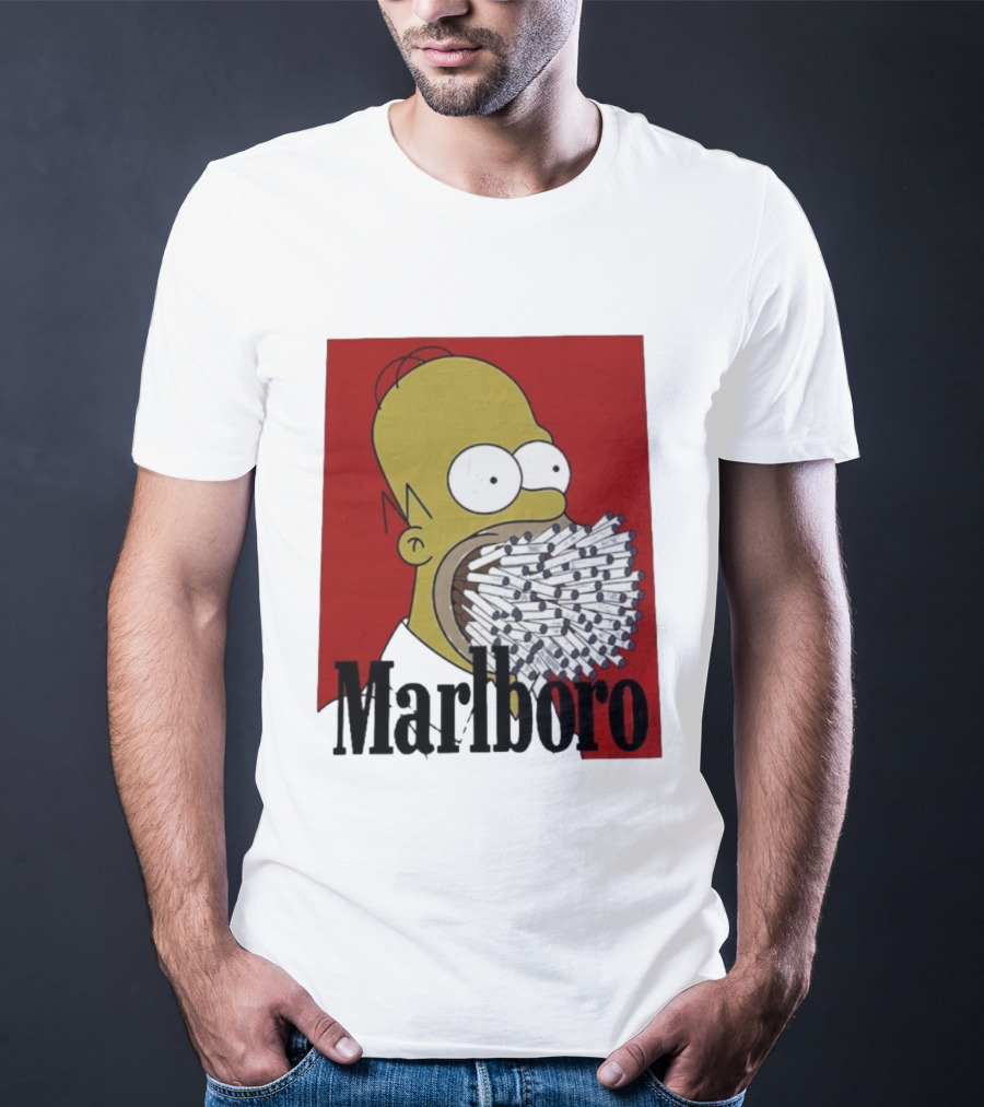 Homer Simpson Cigarette Mouth Marlboro Red Background T-Shirt