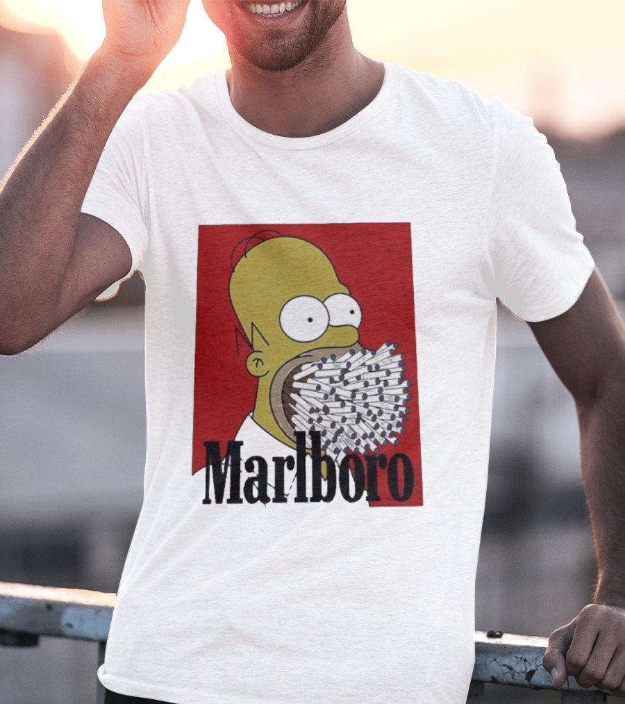 Homer Simpson Cigarette Mouth Marlboro Red Background T-Shirt