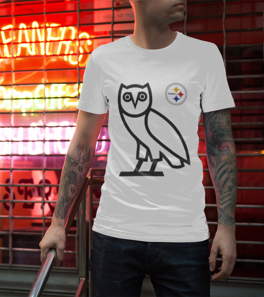Pittsburgh Steelers OVO NFL Collaboration Owl And Team Symbols T-Shirt