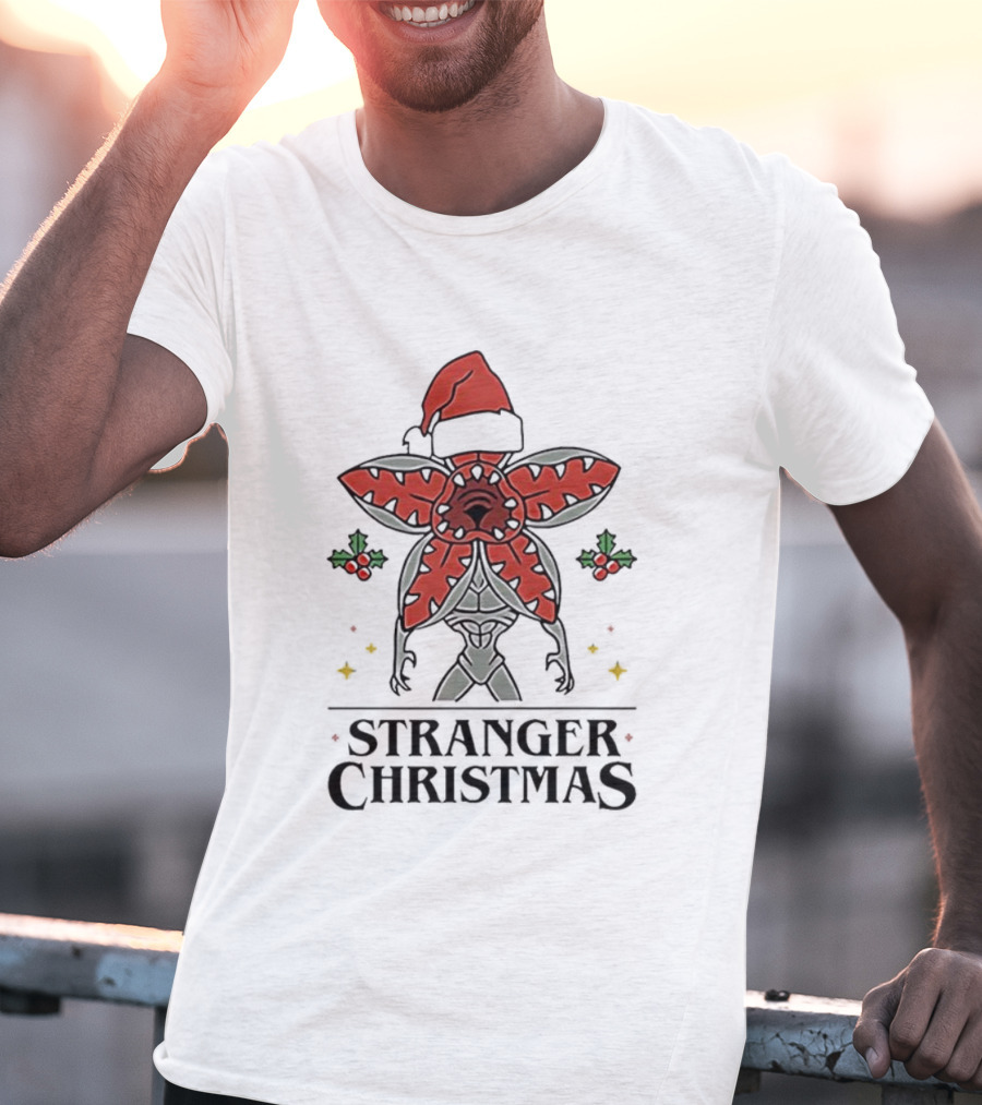 Stranger Christmas Demogorgon Santa Hat Mistletoe Branches Stranger Things T-Shirt