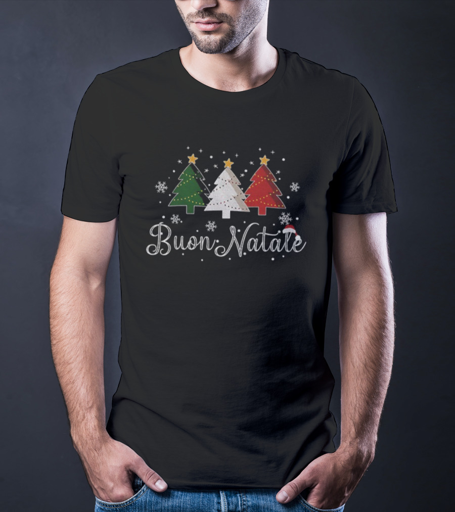 Buon Natale Italian Christmas Green White Red Trees Snowflakes Santa Hat T-Shirt