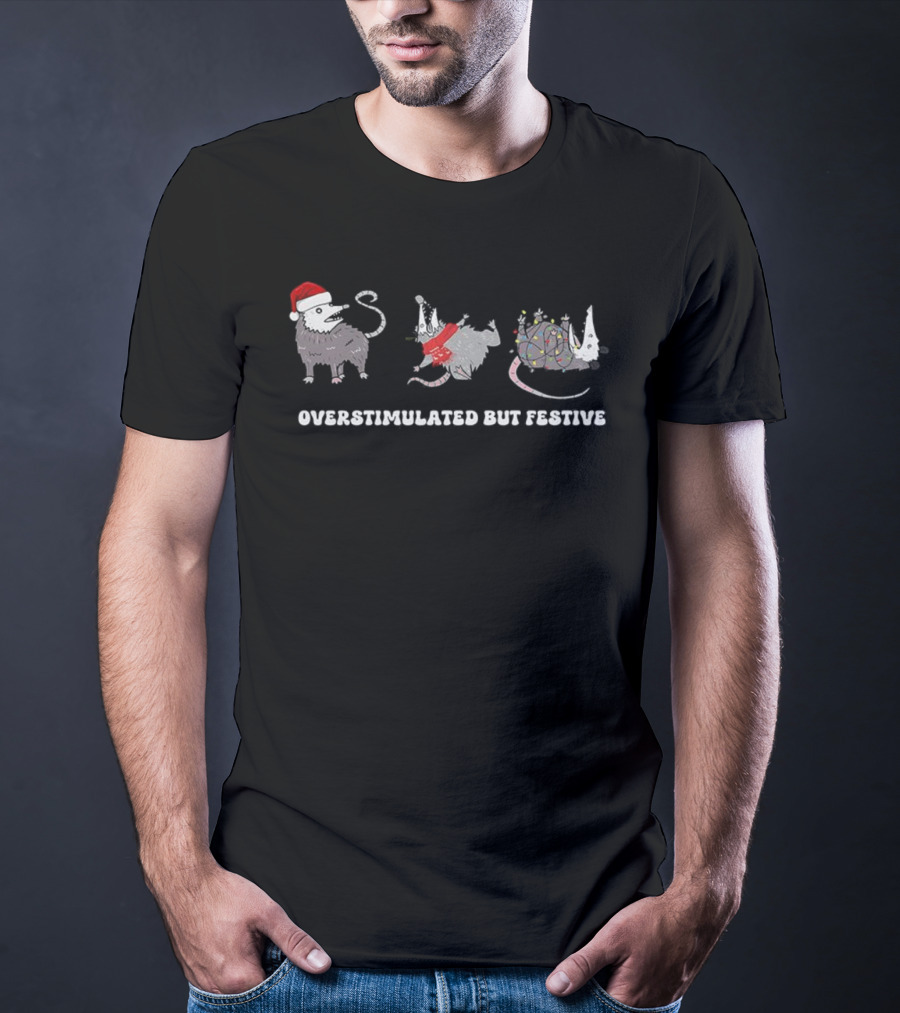 Overstimulated But Festive Christmas Possums With Santa Hats And Holiday Lights T-Shirt