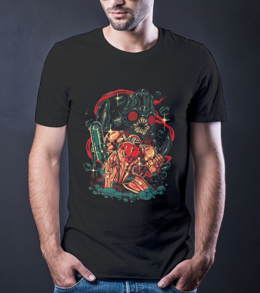 Samus Aran Vs Mother Brain Metroid In The Depths Adventure Showdown T-Shirt