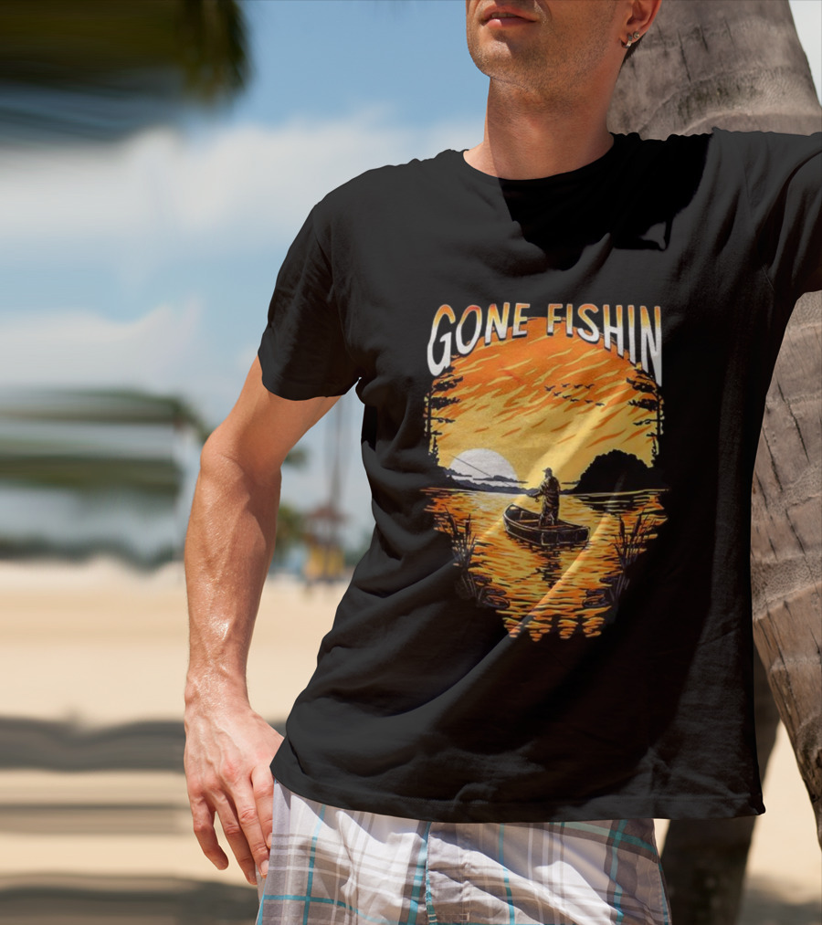 Gone Fishin Sunset Lake Boat Silhouette T-Shirt