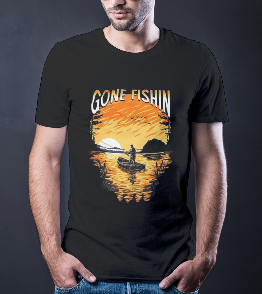Gone Fishin Sunset Lake Boat Silhouette T-Shirt