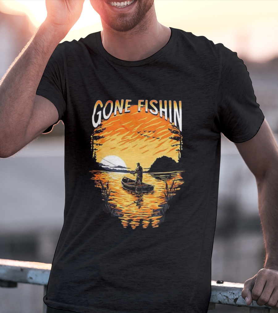 Gone Fishin Sunset Lake Boat Silhouette T-Shirt