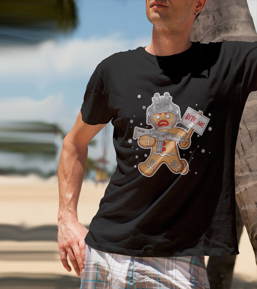 Bite Me Hostile Gingerbread Soldier Holding Sign With Weapon And Helmet T-Shirt
