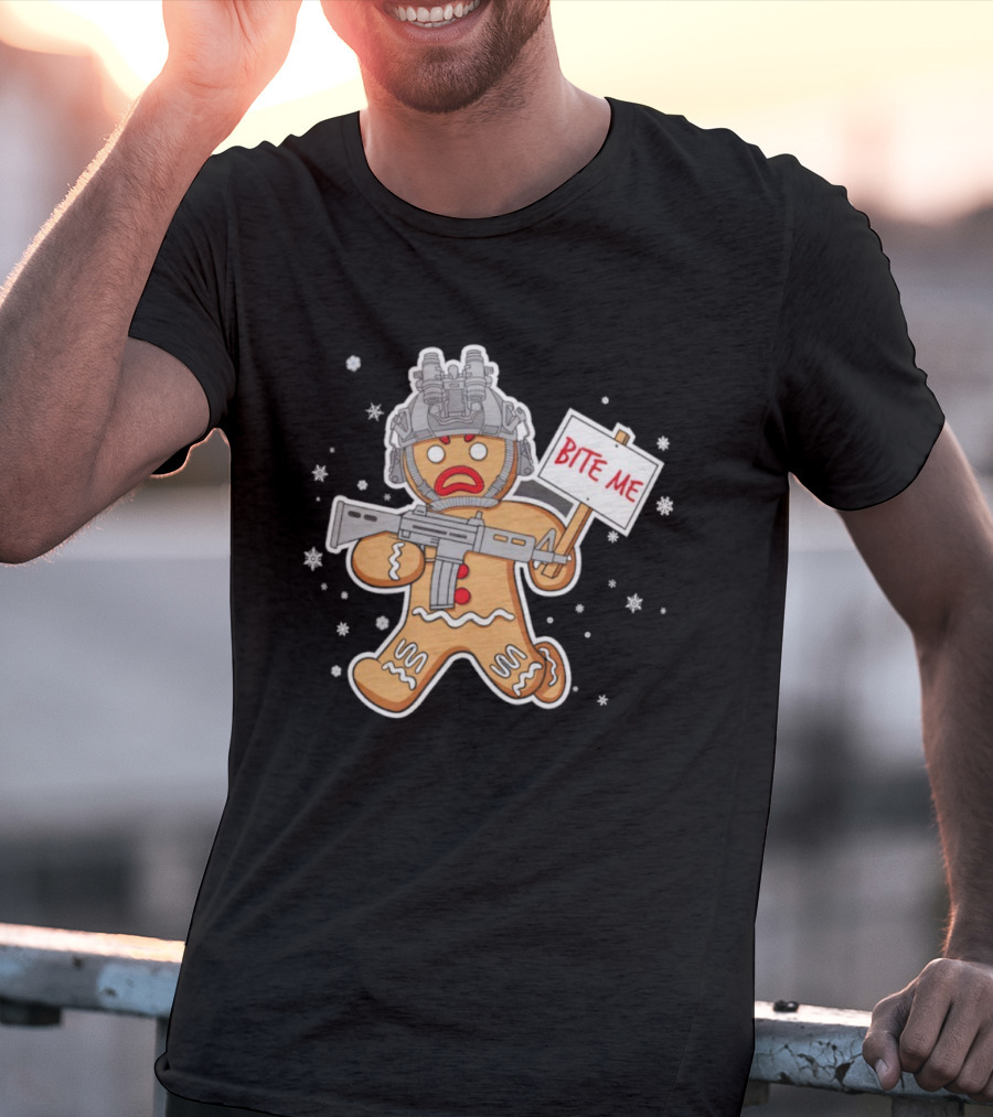Bite Me Hostile Gingerbread Soldier Holding Sign With Weapon And Helmet T-Shirt