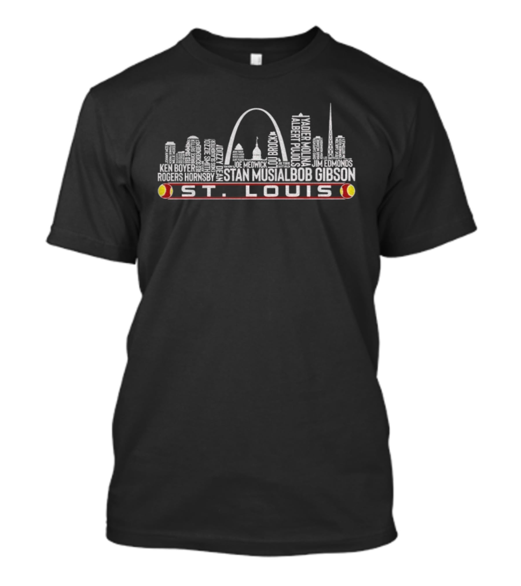 St. Louis Cardinals Baseball City Skyline Stan Musial Bob Gibson Team Legends T-Shirt