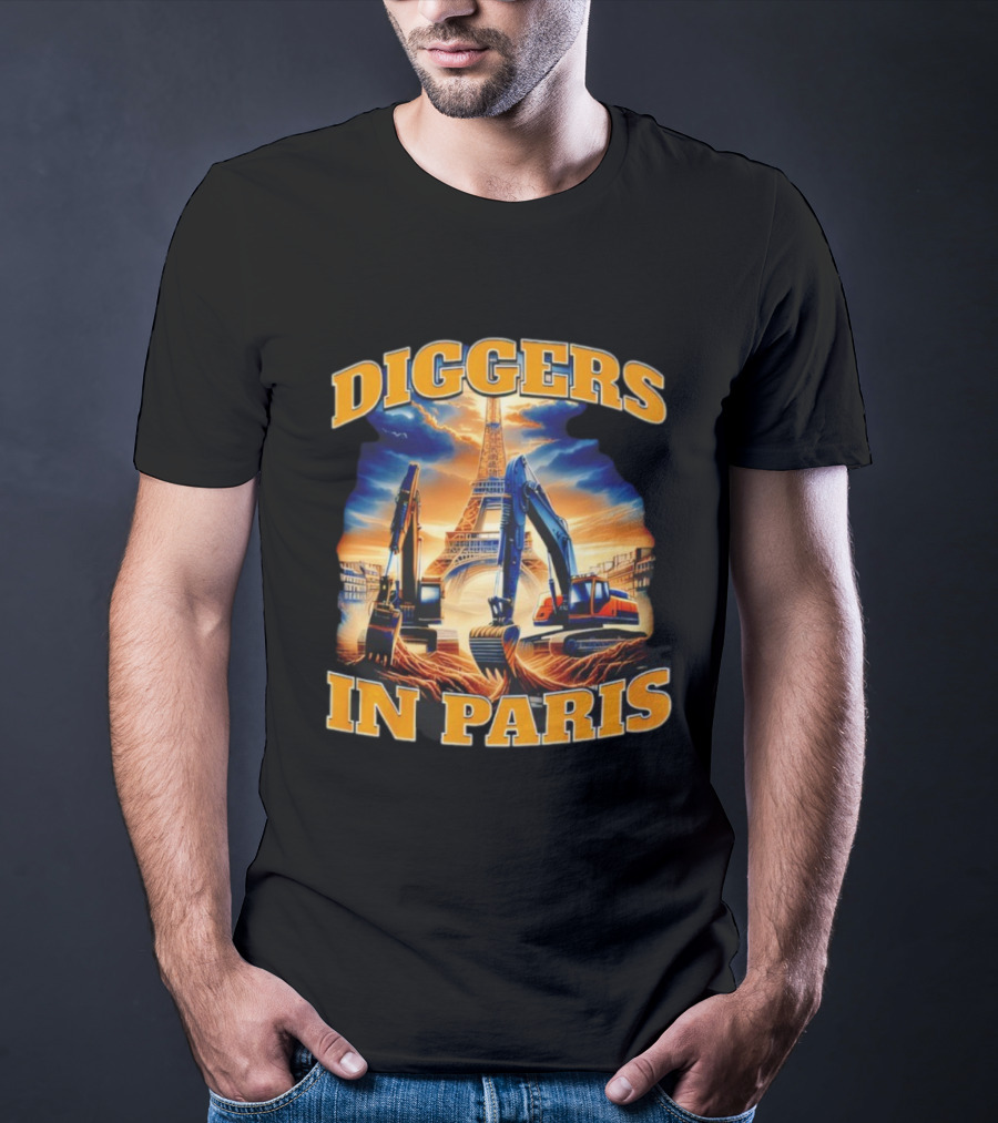 Diggers In Paris Eiffel Tower Excavators Scene T-Shirt