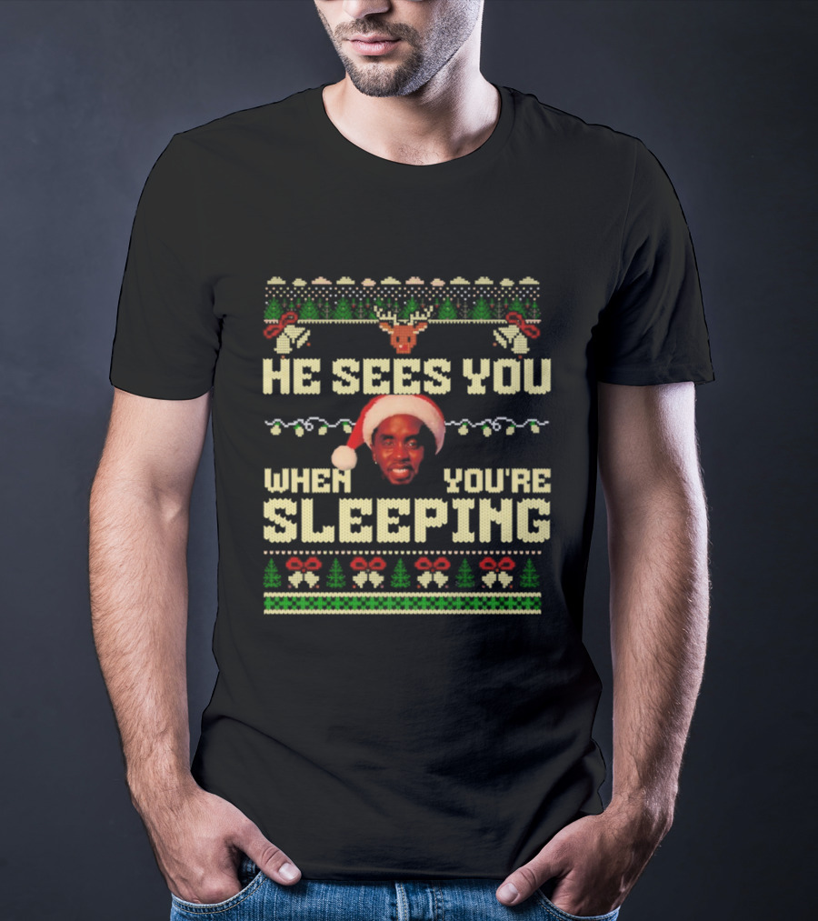 He Sees You When You’re Sleeping Christmas Lights Santa Hat Retro Style T-Shirt