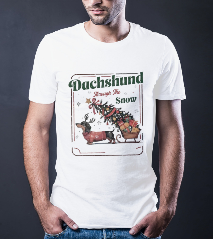 Dachshund Through The Snow Xmas Holiday Sled Presents T-Shirt