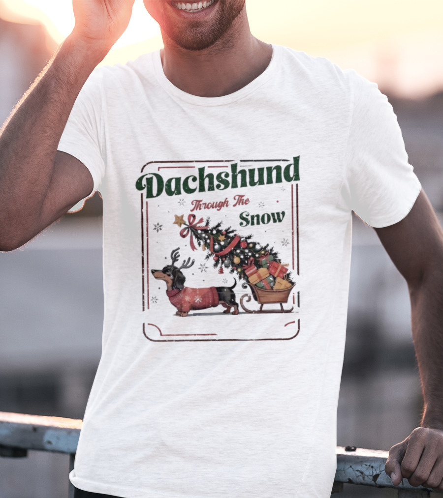 Dachshund Through The Snow Xmas Holiday Sled Presents T-Shirt